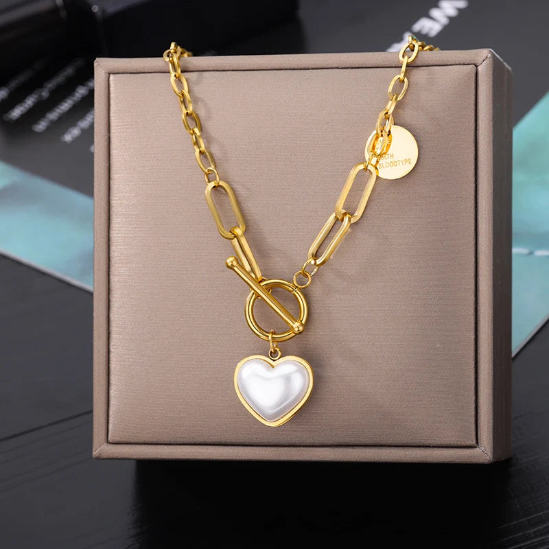 Gold Pearl Heart Pendant Necklace 