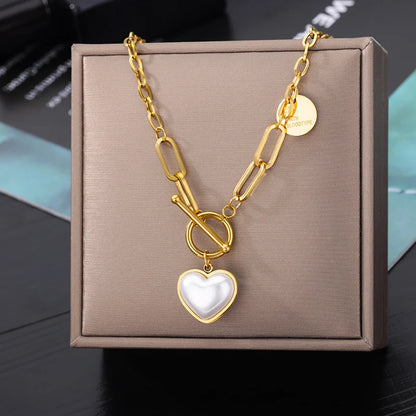 Gold Pearl Heart Pendant Necklace 