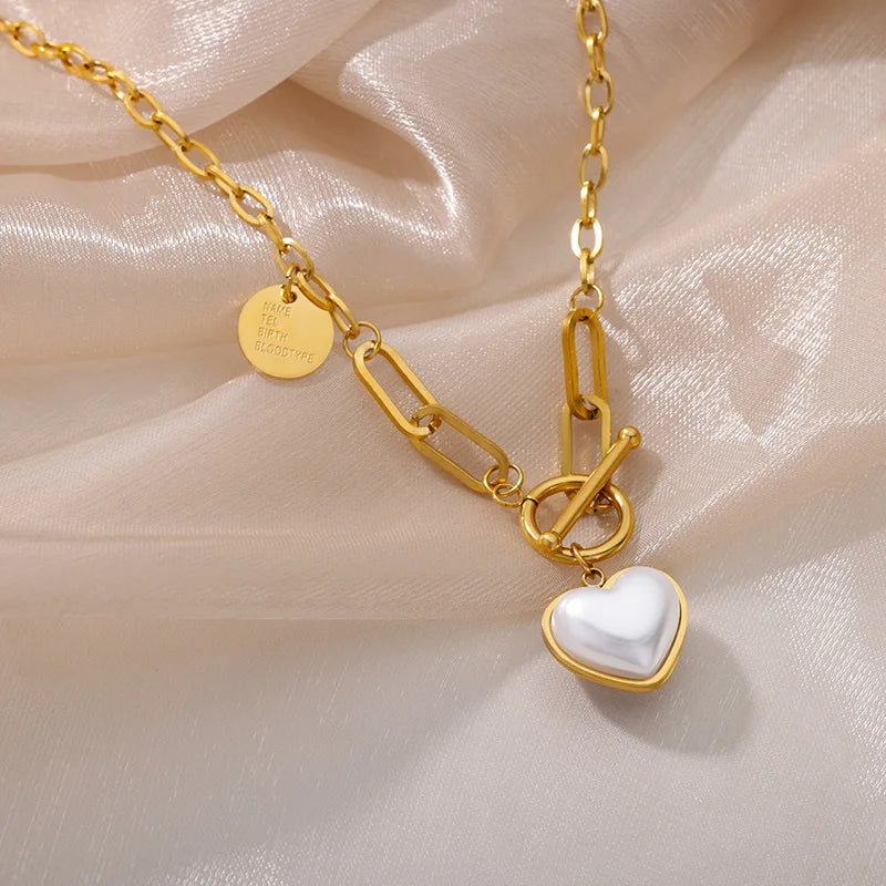 Gold Pearl Heart Pendant Necklace 