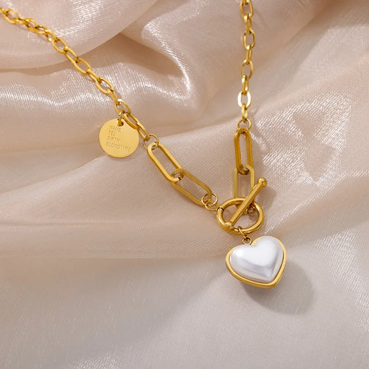 Gold Pearl Heart Pendant Necklace 