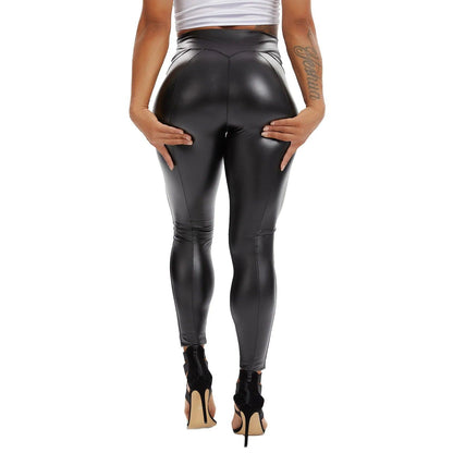 Leggings en simili cuir à taille haute avec fermeture éclair pour femmes - QueenFusion