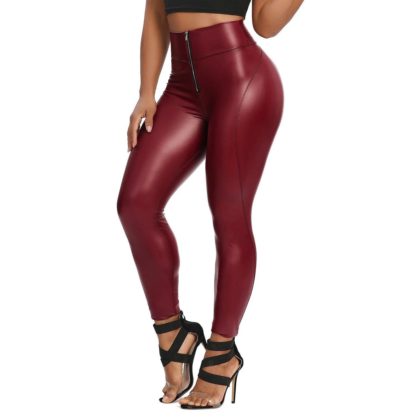 Leggings en simili cuir à taille haute avec fermeture éclair pour femmes - QueenFusion