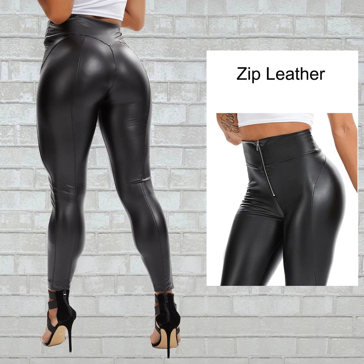 legging cuir noir avec fermeture éclaire 