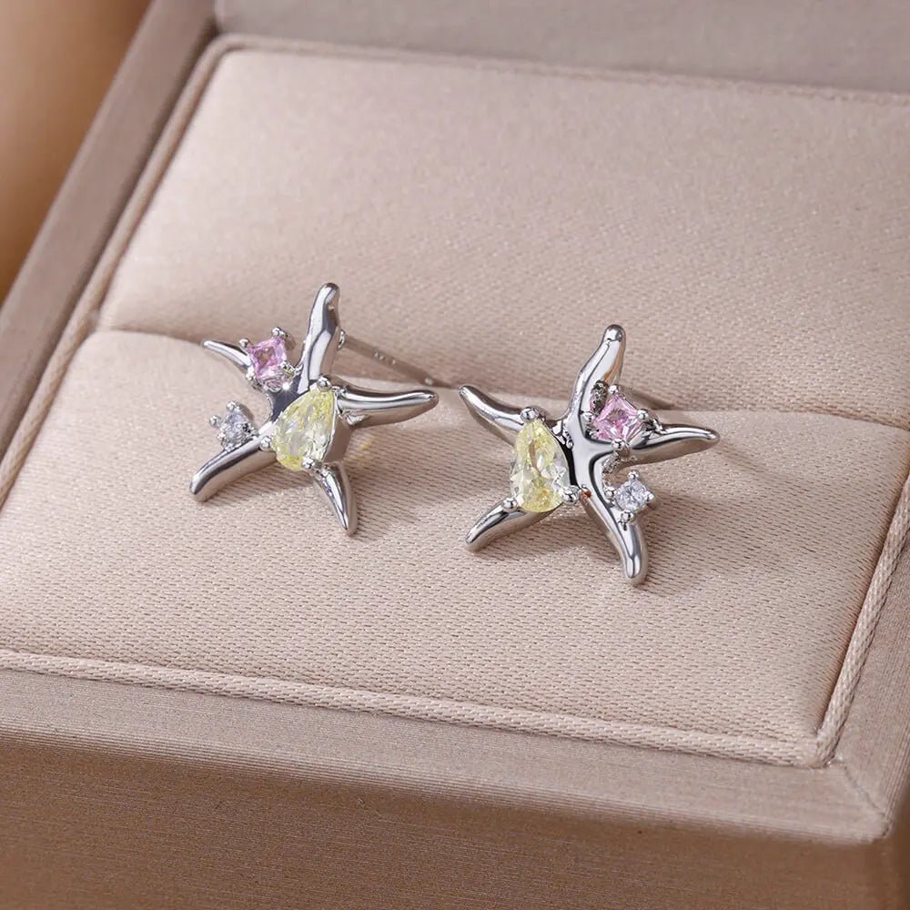  Zircon Star Starfish Stud Earrings 