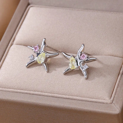  Zircon Star Starfish Stud Earrings 