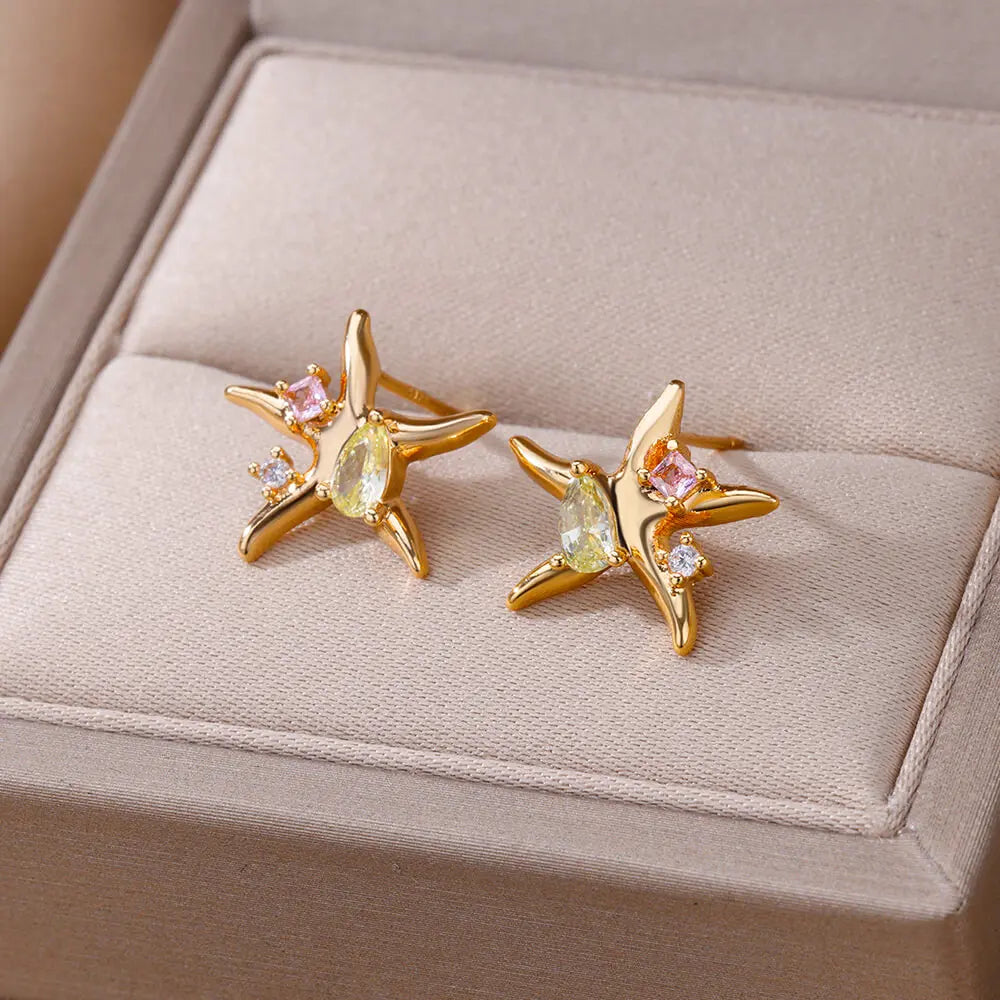  Zircon Star Starfish Stud Earrings 