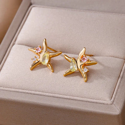  Zircon Star Starfish Stud Earrings 